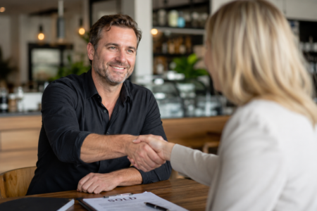 Two people closing a business sale.