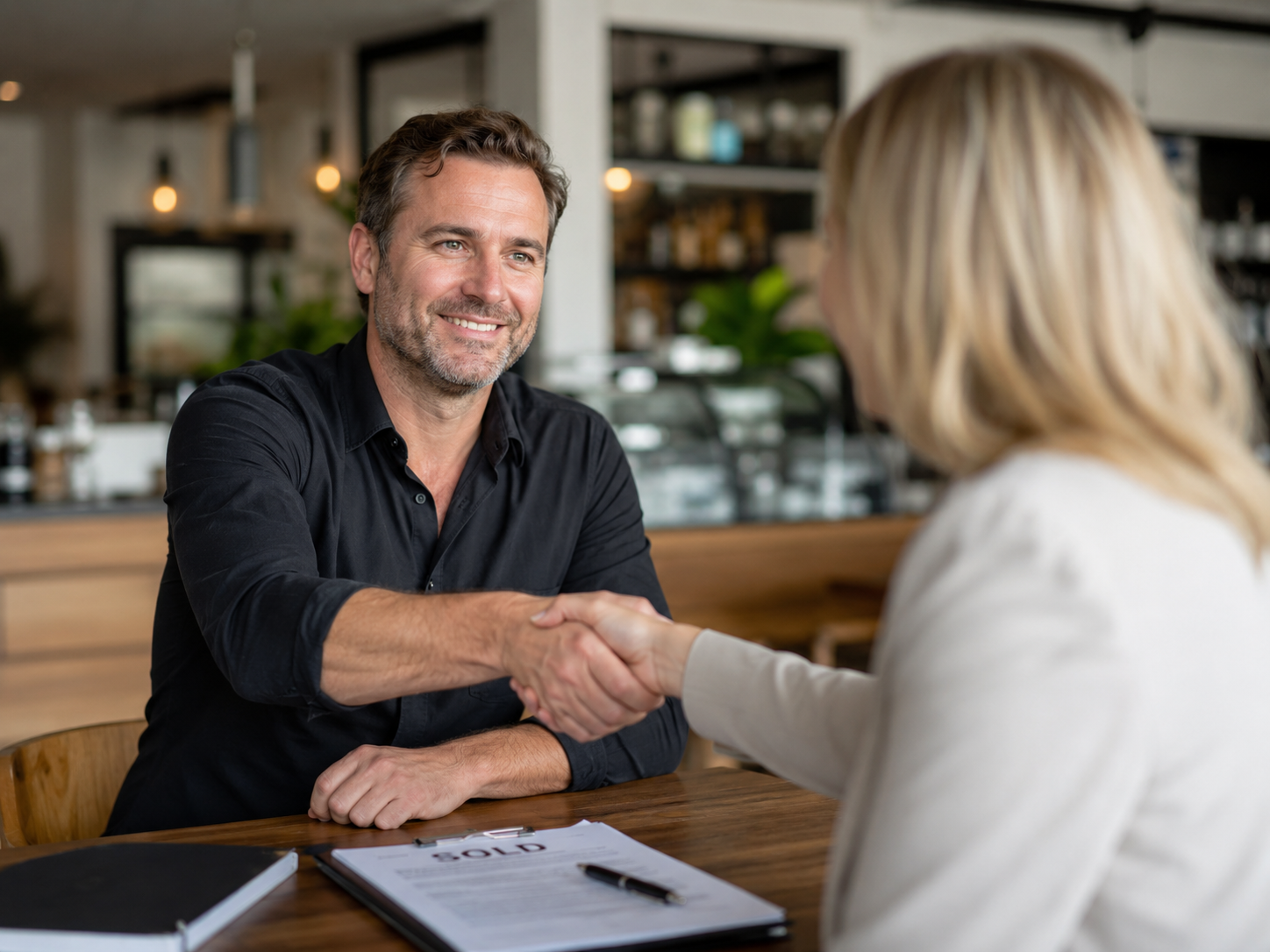 Two people closing a business sale.