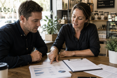 business buyer reviewing financial documents