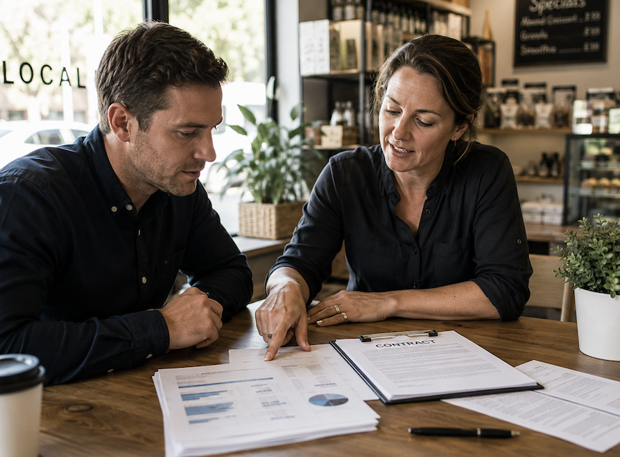 business buyer reviewing financial documents