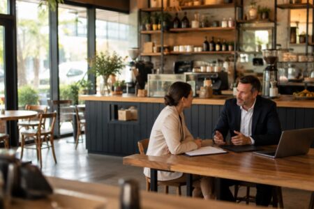 Business broker discussing the sale process with a cafe owner in her premises