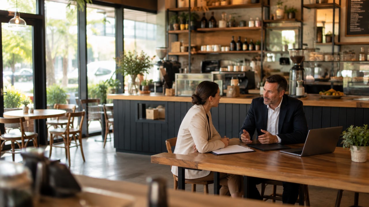 Business broker discussing the sale process with a cafe owner in her premises