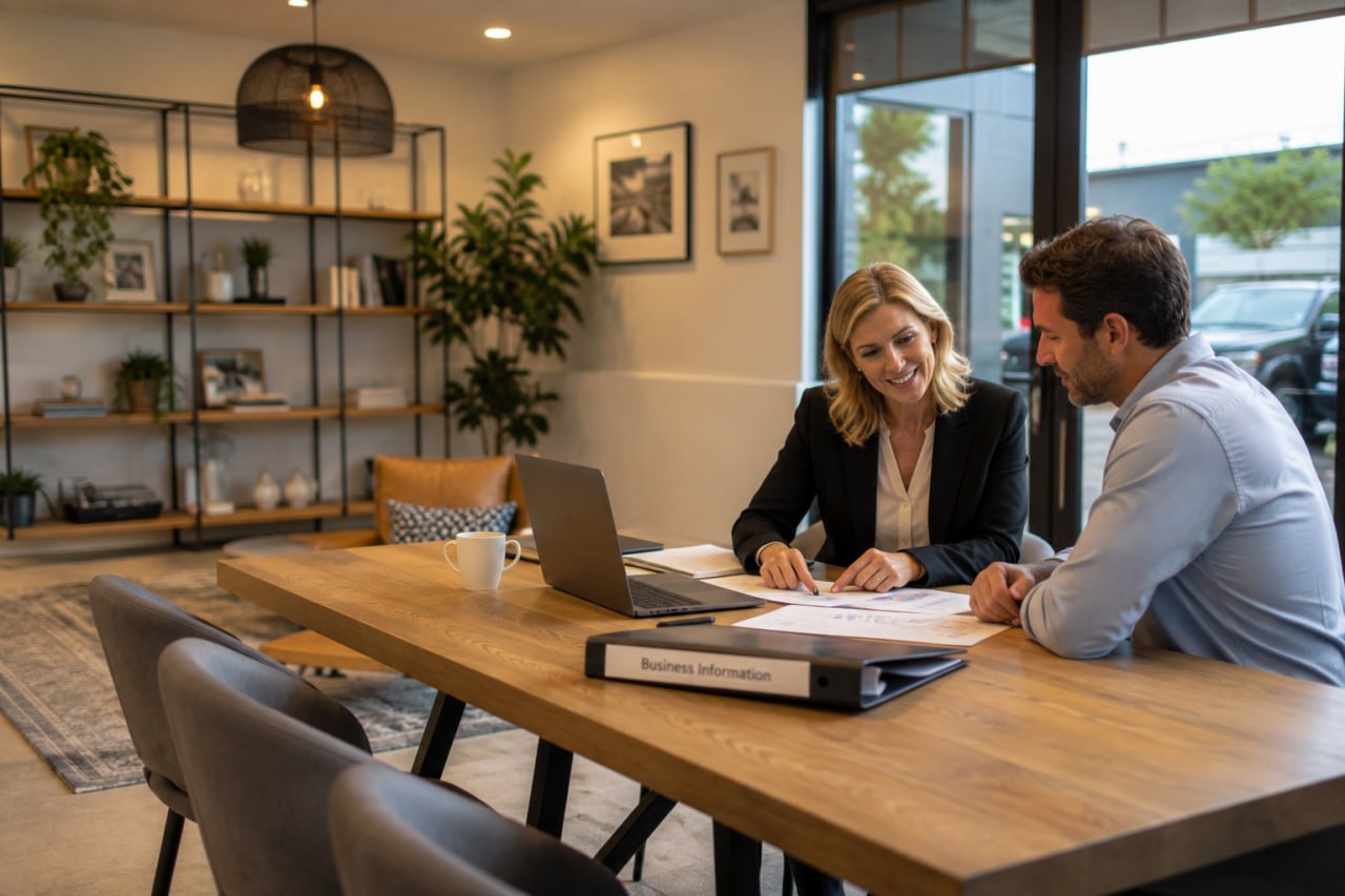 Business broker and owner reviewing business information during a confidential enquiry